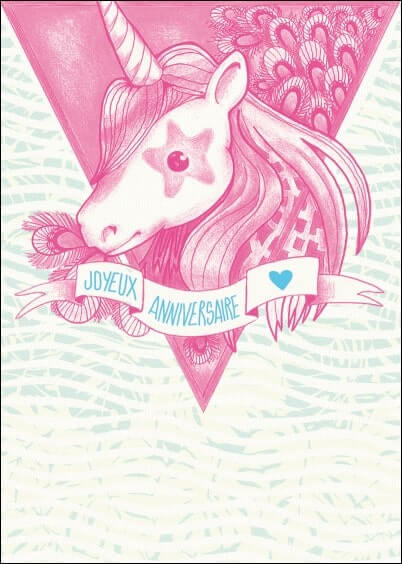 Cartes postales Anniversaire et Animaux : Licorne rose