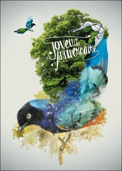 Cartes postales Anniversaire et Animaux : Avec des oiseaux et un arbre