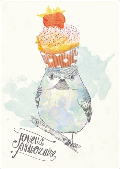 Cartes postales Anniversaire et Animaux : Hibou et son cupcake d'anniversaire