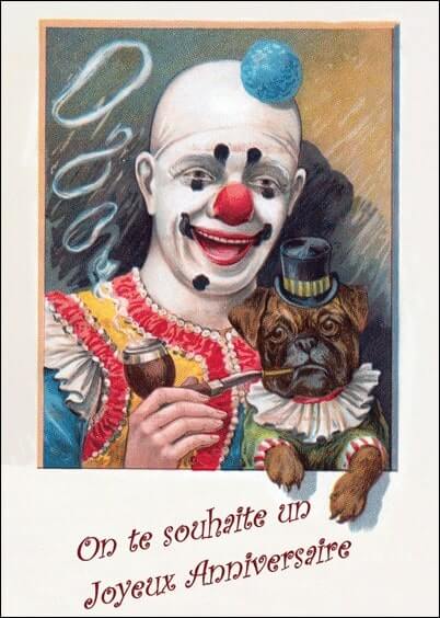 Cartes postales Anniversaire et Animaux : Carte ancienne - Clown et son chien